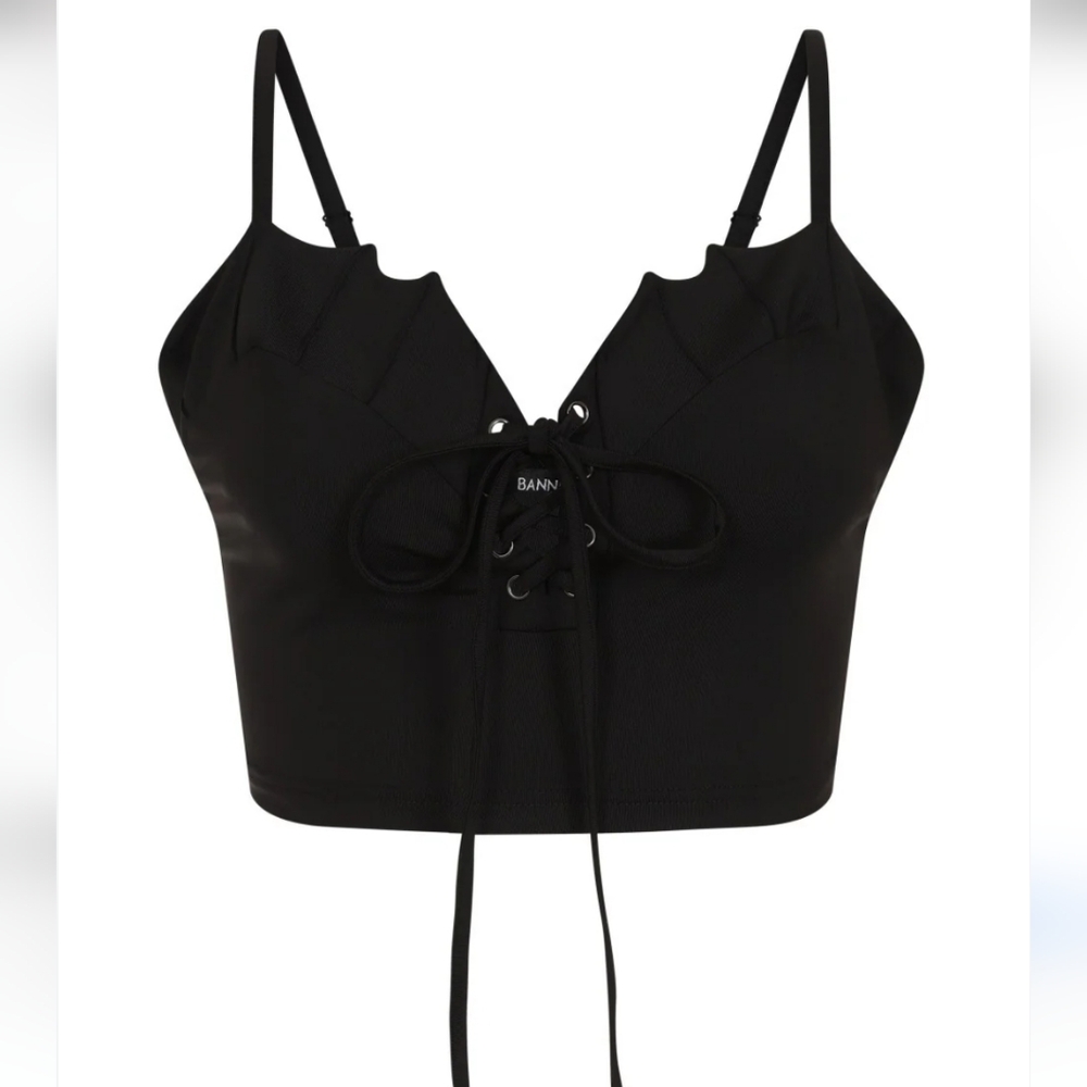 Banned Alternative Black Lace-Up Crop Top With Bat Wing Detail